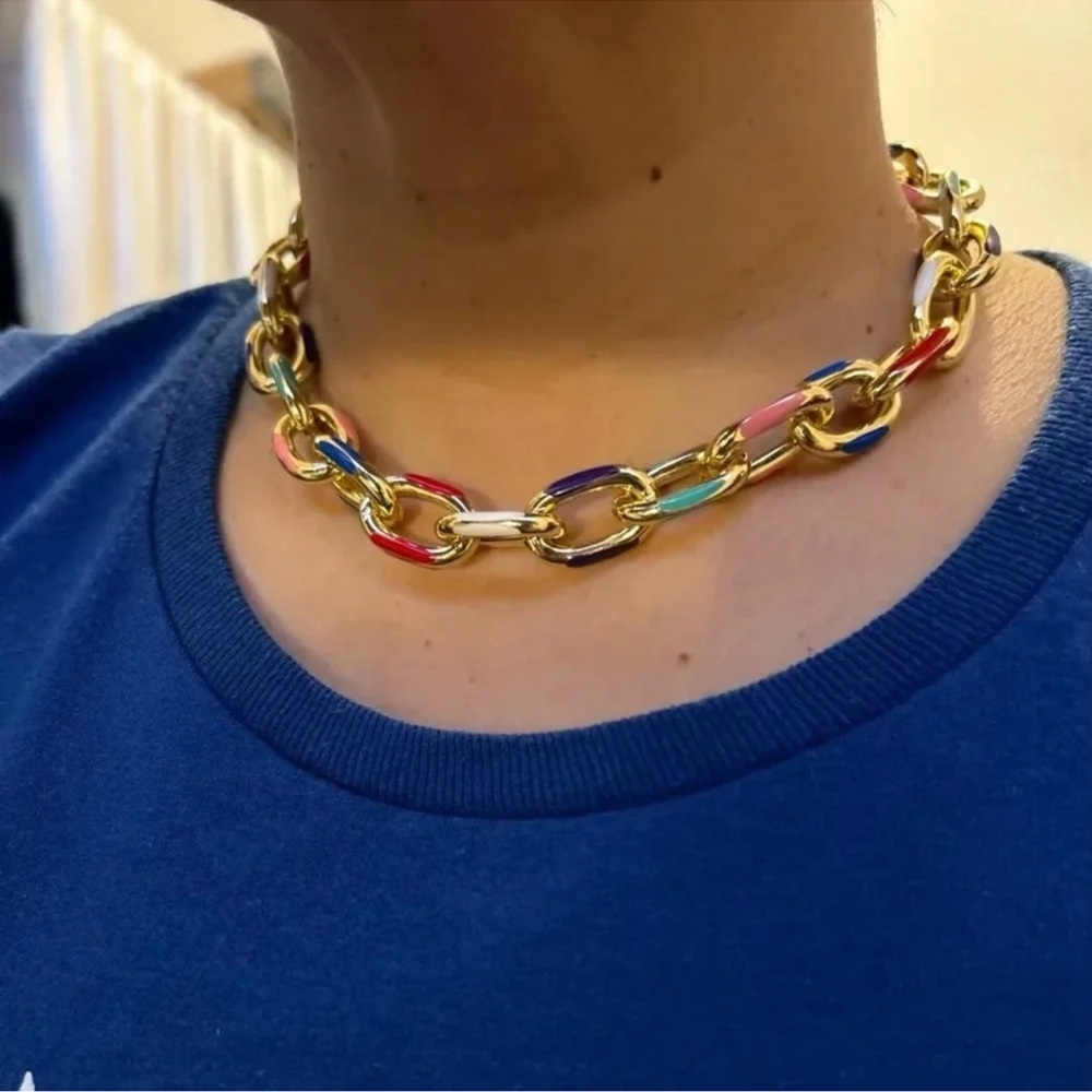 Cuban Color Block Chain Gold Link Necklace - Picture 4 of 8